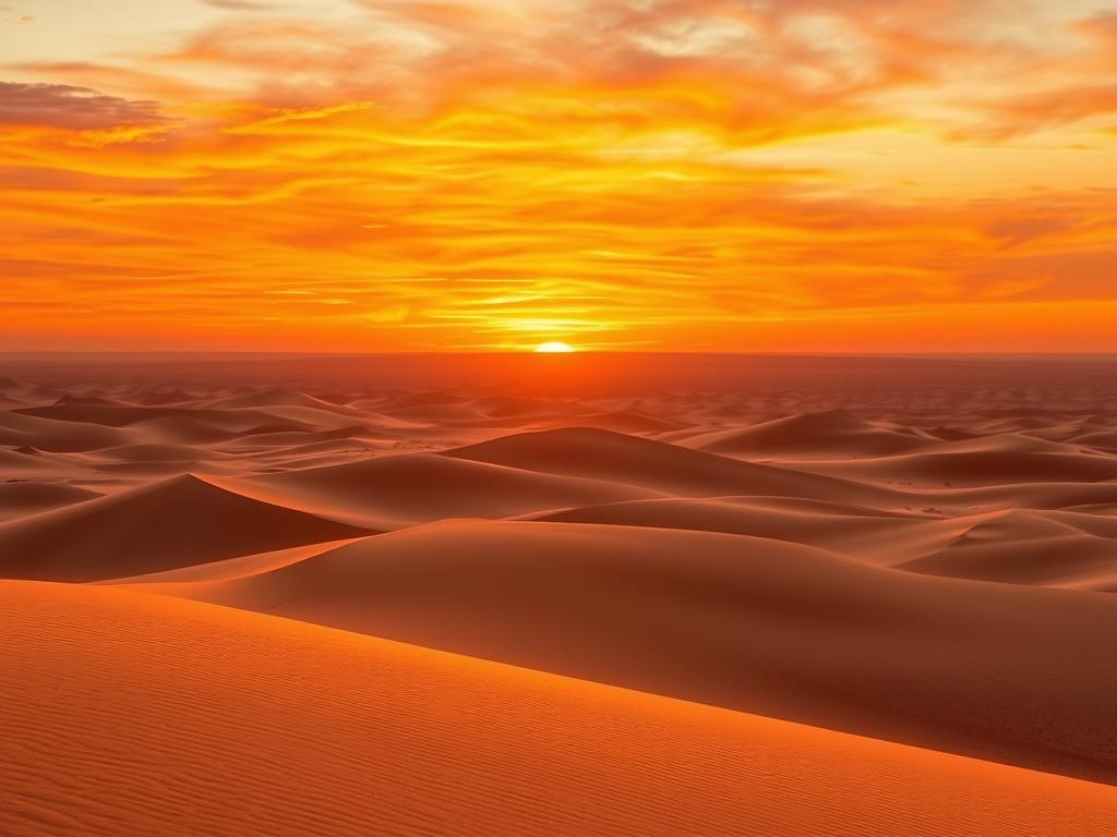 A breathtaking Namibian sunset over the mesmerizing dunes of the Namib Desert. In the foreground, the undulating golden sand dunes stretch out as far as the eye can see, their slopes sculpted by the gentle winds. The middle ground is bathed in a warm, golden glow as the sun slowly sinks below the horizon, casting a soft, ethereal light across the landscape. In the background, the sky is ablaze with a stunning array of colors - deep oranges, vibrant reds, and soft pinks - creating a truly awe-inspiring sight. The serene, tranquil atmosphere is accentuated by the absence of any man-made structures, allowing the natural beauty of the Namibian wilderness to take center stage.