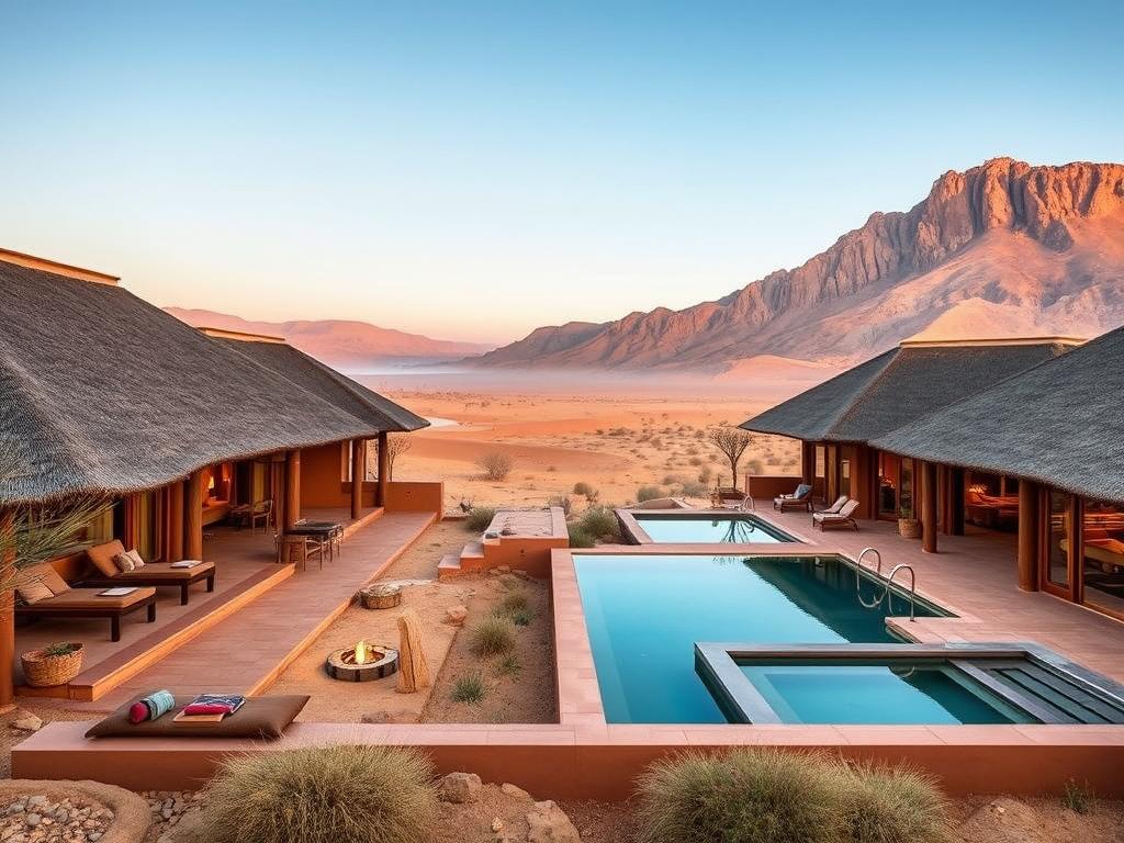 A luxurious desert oasis in the heart of Namibia, the lavish safari lodge is nestled amidst a dramatic landscape of towering sand dunes and rugged mountains. Warm ochre tones bathe the thatched-roof villas, each with a private plunge pool and expansive terrace offering sweeping views of the vast, untamed wilderness. Elegant interiors feature rich woods, plush fabrics, and artisanal local accents, creating an atmosphere of refined yet authentic comfort. Guests are immersed in the tranquil serenity of the desert, with attentive staff catering to their every need. Soft, diffused natural lighting filters through floor-to-ceiling windows, casting a romantic glow across the scene. A sense of exclusivity and seclusion pervades, as if time stands still in this serene oasis of luxurious Namibian hospitality.