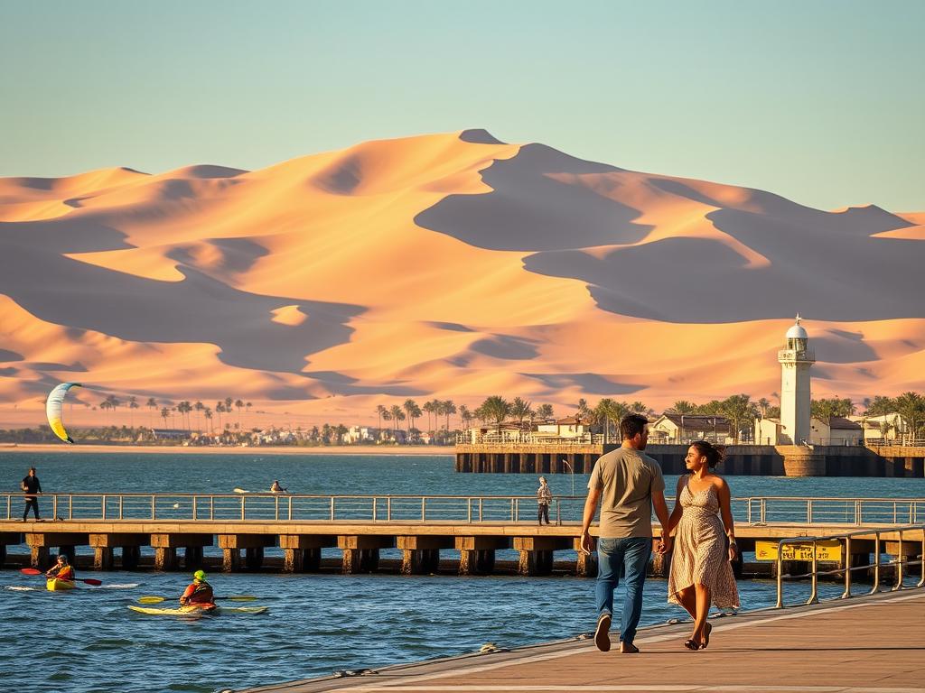 A vibrant seaside landscape in Swakopmund and Walvis Bay, Namibia, showcasing the region's diverse outdoor activities. In the foreground, a couple enjoying a romantic stroll along the picturesque promenade, with the iconic Swakopmund jetty and lighthouse in the distance. The middle ground features various water-based adventures, such as kayakers gliding across the calm bay waters and adventurous kitesurfers catching the wind. In the background, the towering Namib Desert dunes provide a dramatic and awe-inspiring backdrop, bathed in warm, golden sunlight. The scene conveys a sense of adventure, natural beauty, and the perfect blend of relaxation and excitement that make this region a premier destination for couples seeking an unforgettable Namibian getaway.