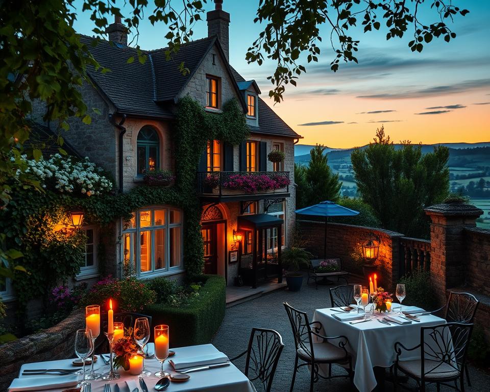 A picturesque scene of a romantic boutique hotel nestled in the heart of Germany, surrounded by lush gardens and ivy-covered stone walls. In the foreground, elegantly set tables with fine dining setups and soft, flickering candlelight create an intimate atmosphere. The middle ground showcases the charming hotel entrance featuring classic architecture, adorned with blooming flowers. In the background, a twilight sky casts warm, golden hues, while distant rolling hills provide depth to the image. The scene captures a serene yet enchanting vibe, ideal for couples seeking a getaway. Use soft focus to highlight the dreamy ambiance, and ensure the lighting creates a welcoming and cozy mood.