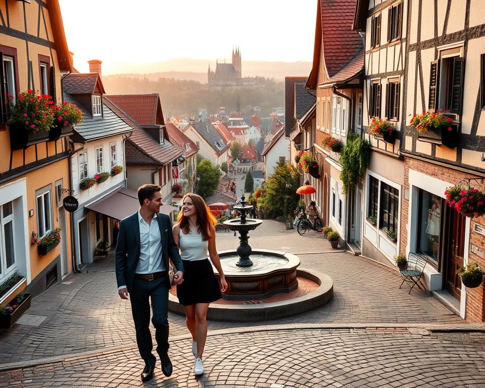 A picturesque view of a romantic German city, showcasing charming cobblestone streets lined with half-timbered houses adorned with colorful flower boxes in the foreground. A couple, dressed in smart casual attire, strolls hand-in-hand, exuding joy and connection. In the middle ground, a quaint café with outdoor seating invites visitors, while a small, ornate fountain provides a serene focal point. The background features rolling hills and historical landmarks, such as a castle or cathedral, set against a soft, pastel sunset sky. Warm golden hour lighting bathes the scene, enhancing the romantic atmosphere, creating a dreamlike quality. The angle is slightly elevated, offering a sweeping perspective that captures both intimacy and the beauty of the cityscape.